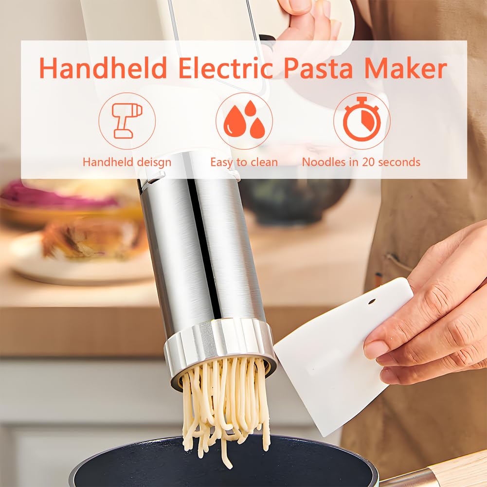 QCQDL Electric Pasta Maker, Handheld Pasta Maker Machine, All-In-One Cordless Noodle Machine, with Shaping Molds And Cutter,White