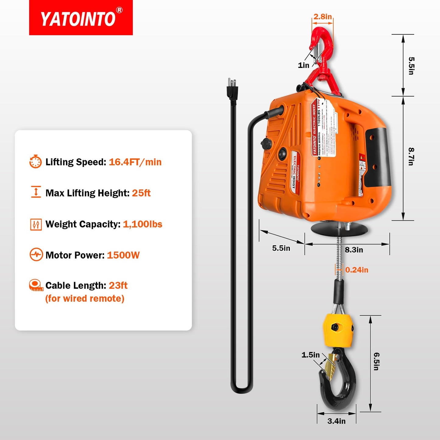 YATOINTO 2 in 1 Electric Hoist Winch, 1100lbs Portable Electric Power Winch w/Wire Remote Control, 110V Electric Hoist Crane, Overload Protection 25ft Lifting Height for Towing