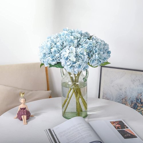 Kisflower Blue Hydrangea Artificial Flowers - 6 Pcs Faux Silk Hydrangeas for Home & Wedding Decor