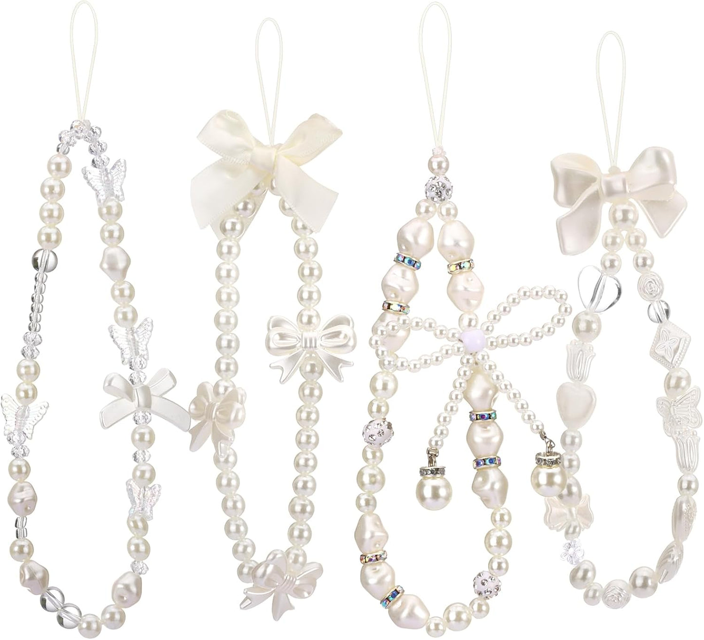 4pcs Draupnir Phone Charms Strap, Butterfly Bow Camera Strap Wrist Beaded Phone Bracelet Wrist Straps, Pearl Bracelet
