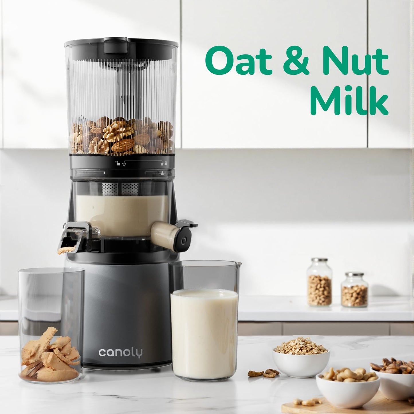 Canoly C16 Cold Press Juicer, 6" Extra Wide Feed Chute, 3-IN-1 Strainers (Juice & Sorbet & Nut Milk), Powerful AC Brushless Motor, Self Precut System, Juicer Machines with BPA-Free (Space Gray)
