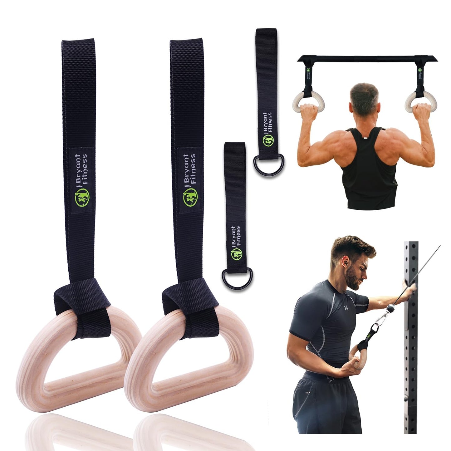 J Bryant Fitness Wooden Gymnastic Rings - Pull Up Grips & LAT Pull Down Gym Handles Design, Sturdy Webbing Straps with D-Rings, Pilates, Strength Training, and Portable Fitness - Includes Carry Bag