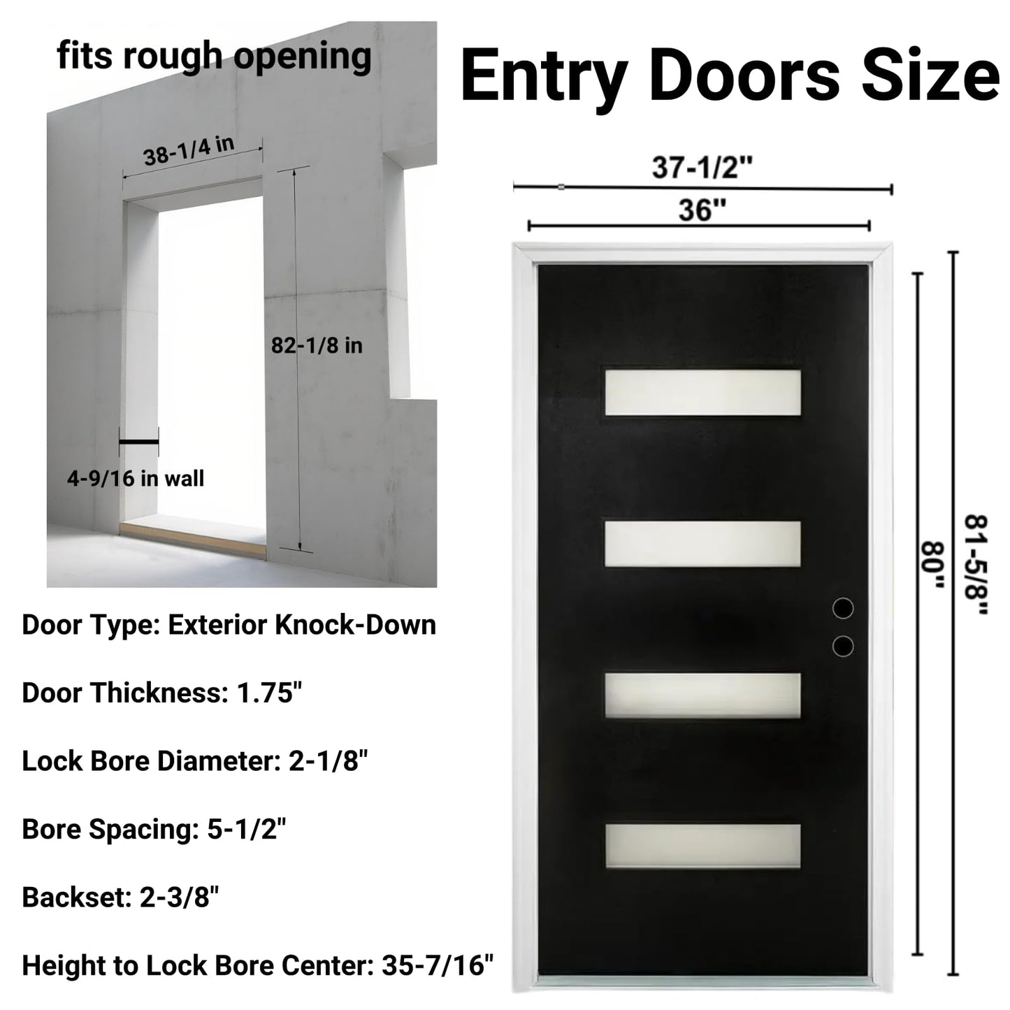 Fiberglass Entry Door Left Hand Inswing, 36 x 80, 4 Lite Frosted Glass 4-9/16 in. Vinyl Frame, Contemporary Style for Home's Front Entrance, Black Finished Knock-Down Entry Door