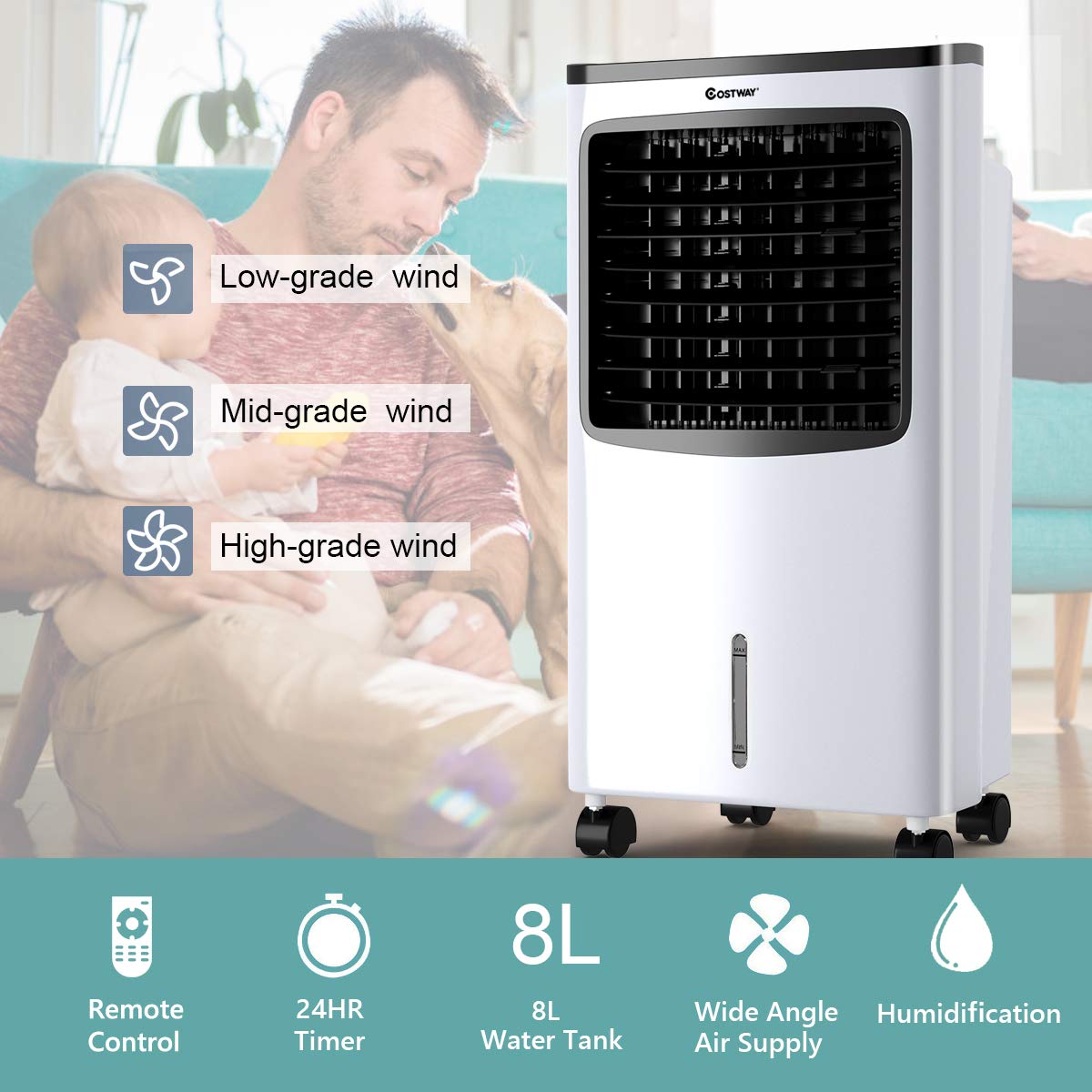 COSTWAY Evaporative Cooler, Portable Cooling Fan with Remote Control, 3-Mode, 3-Speed and 7.5H Timer Function, Include Ice Crystal Boxes, Water Tank and Casters, Bladeless Air Cooler