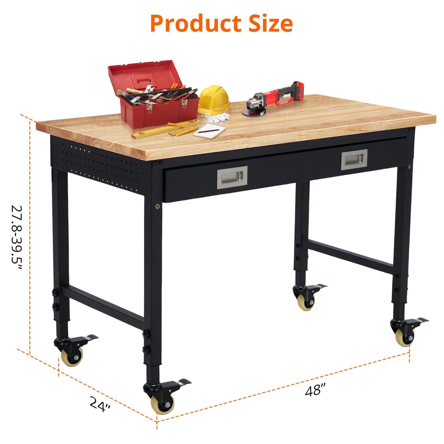 ACONEE Adjustable Height Workbench, 48" Heavy Duty 2000 LB Load Capacity, Solid Rubber Wood Top, Sturdy Metal Frame, Workstation with Drawer & 4 Rolling Casters, Power Outlets for Garage Workshop