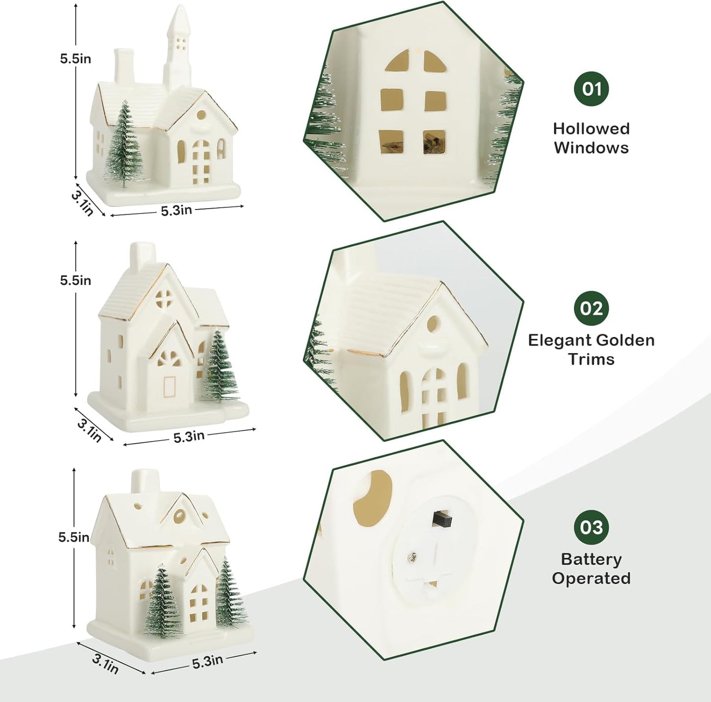 Skiennix White Ceramic Christmas Village Houses Set - 3 Light-Up Figurines with 4 Trees for Holiday Decor