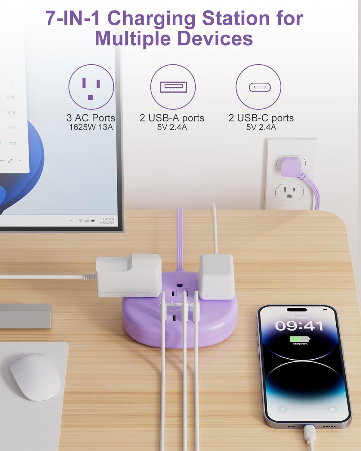 kakahigh 5 1625W 3 4 (24W/4.8A), Purple Extension Cord with USB C - FT Flat Power Strip, Cute Extension Cord with AC