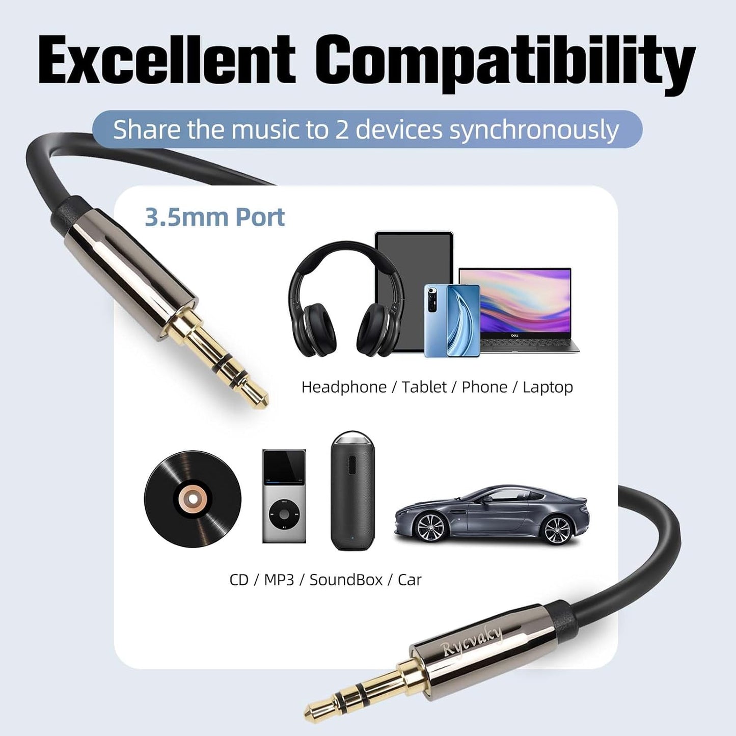 rycvaky 3.5mm Connectors,25ft 1 Pack Aux Audio Stereo Cable, Hi-Fi Sound Male to Male Aux Cable for Headphones, Car