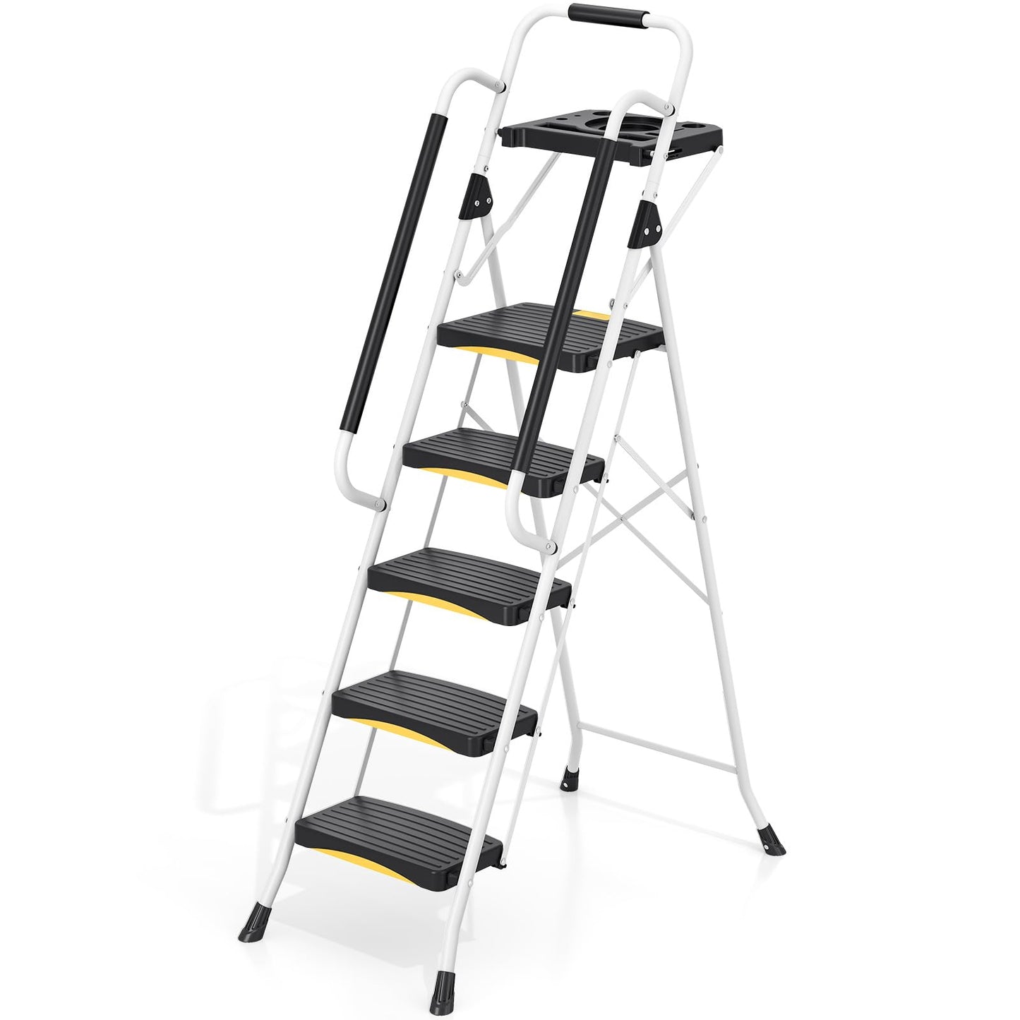 Urackify 5 Step Ladder with Tool Tray, Folding Steel Step Stool with Safety Lock, Anti-Slip Wide Pedals, Large Load Capacity, Handrail, Heavy Duty Ladder for Multi-Purpose, Indoor, Office