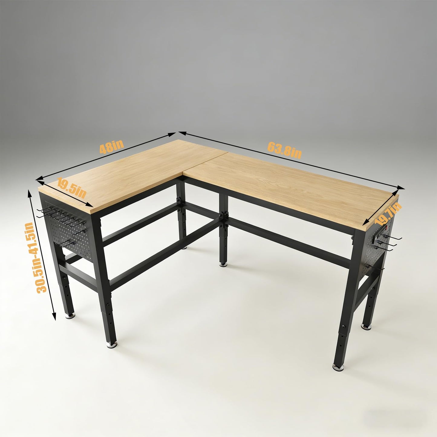 64" Heavy Duty L-Shaped Workbench with Power Outlets & Pegboard - 2000 LBS Capacity Adjustable Height Work Table for Garage, Workshop, Crafting - Matte Black & Hardwood (64"x48")