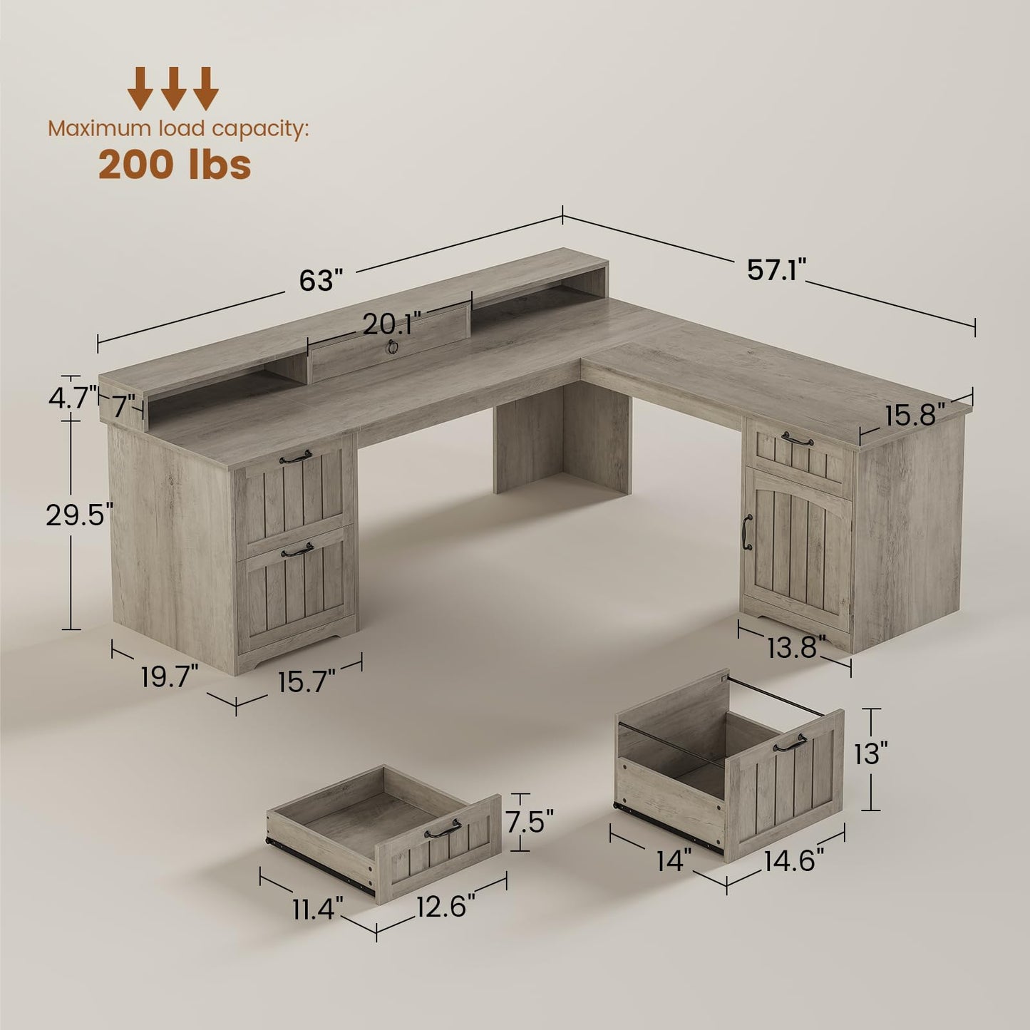 SEDETA 63" L Shaped Desk with Drawers, Farmhouse Corner Computer Desk, Wood Office Desk with File Drawers with Storage, Executive Desk with Monitor Stand and Storage Cabinet, Grey