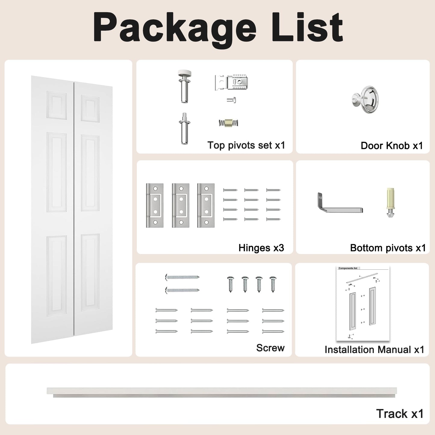 BarnSmith 24 in.x 80 in. Bifold Barn Door, 6 Panel White Primed Bifold Closet Door, Hollow Core Interior Barn Doors with Hardware Kit