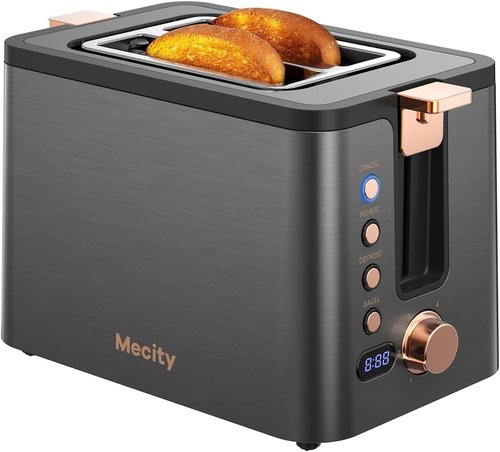 Mecity 2-Slice Toaster - Stainless Steel Body with 6 Browning Settings & Extra Wide Slots - Grey