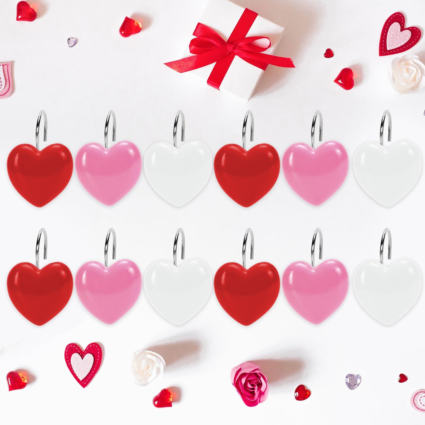 Whaline 12Pcs Valentine's Day Shower Curtain Hooks Decorative Heart Resin Shower Rod Rings Heart-Shaped Anti Rust Curtain Hanger Hooks for Living Room Bedroom Bathroom Decor