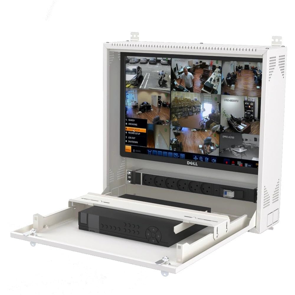 Wall-Mount DVR/NVR Security Enclosure, Lockable Steel Cabinet with 1U Adjustable Rail, Ventilated, 22″ W x 21.2″ H x 5.9″ D, White (RAL 7035) – STURDX
