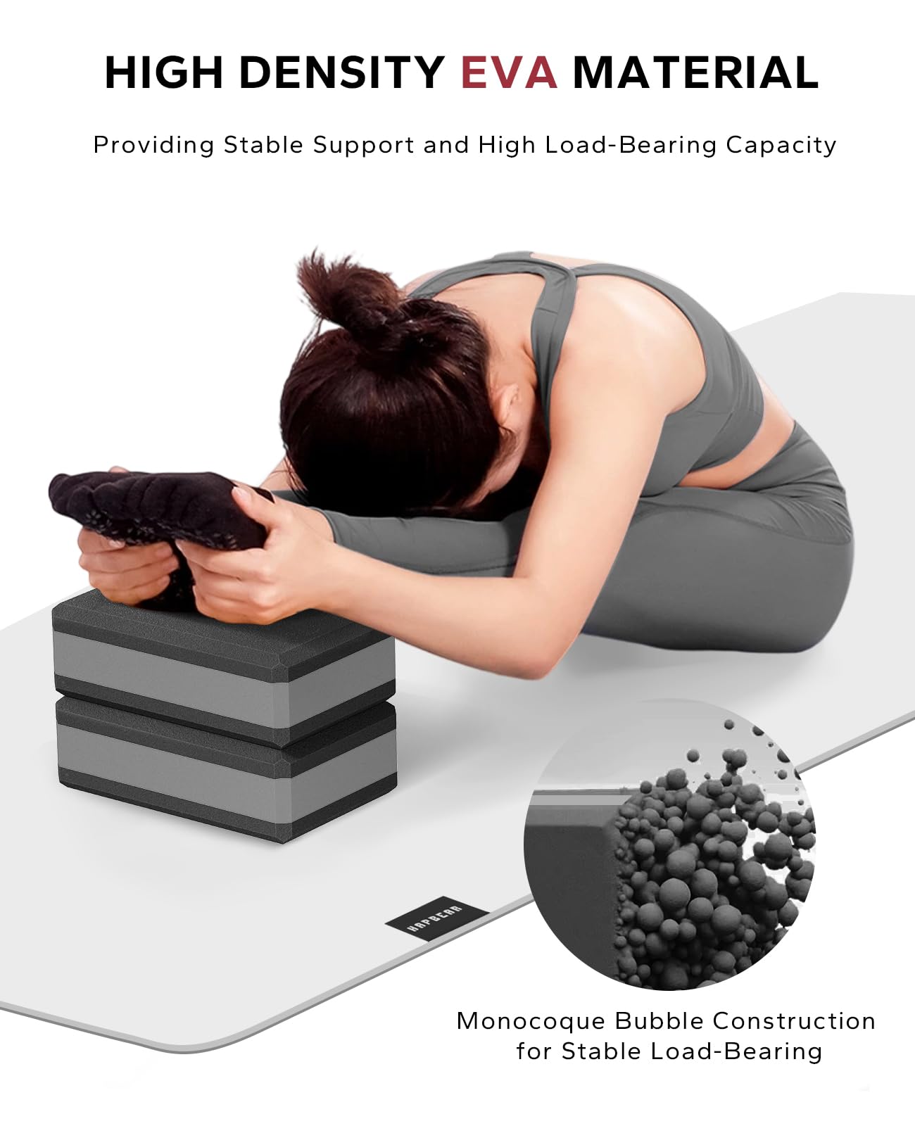 HAPBEAR Yoga Blocks 2 Pack - 9x6x3in High-Density EVA Foam with Non-Slip Textured Surface, Supportive for Deep Stretching & Lightweight - Ideal for Yoga, Pilates - Black
