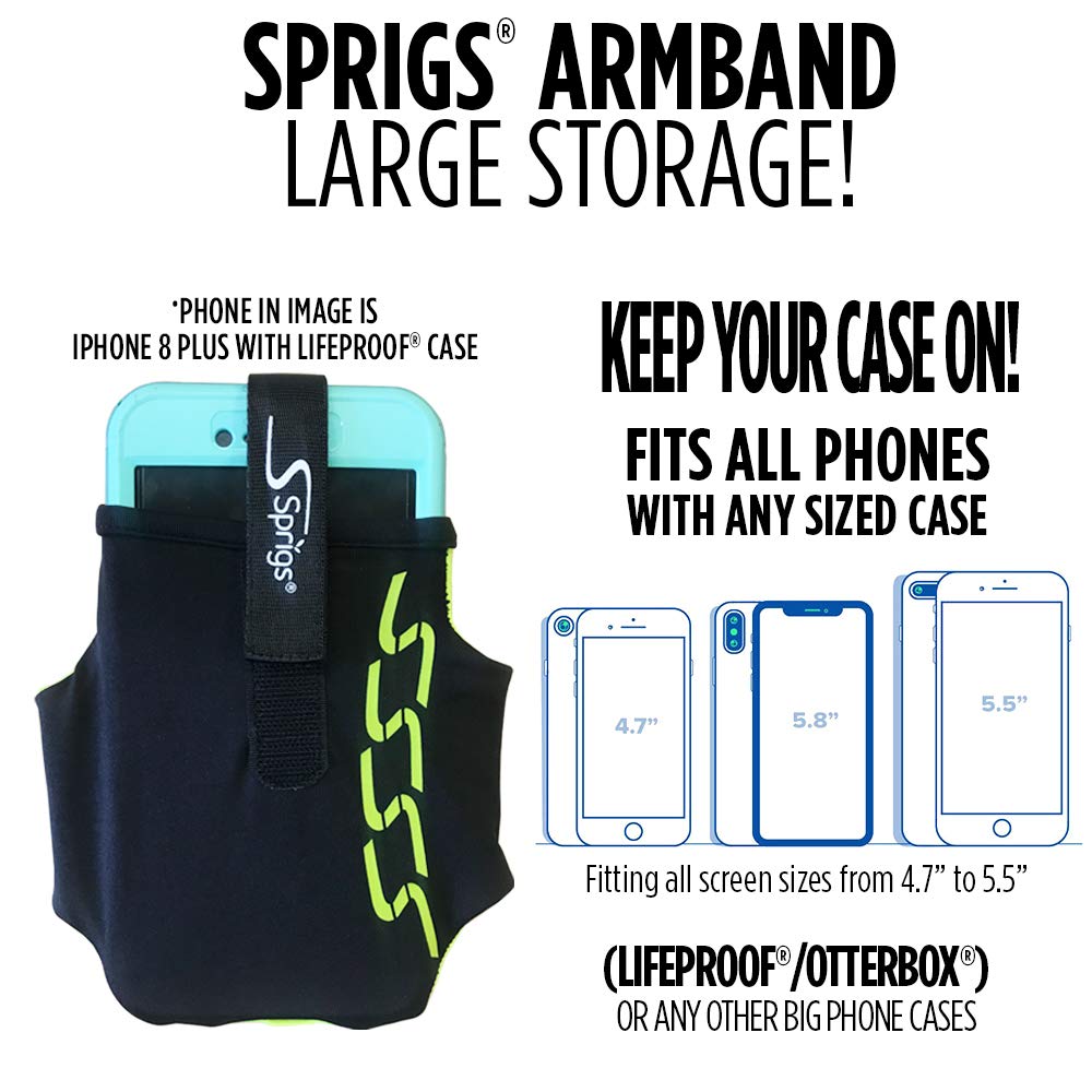 Sprigs Armband for iPhone 11/x/xr/8/7 Plus, Galaxy S10/S9, Google Pixel 4. Lightweight & Comfortable Running Armband, Stretches to Fit All Phones with Case - Black/HiViz, Large