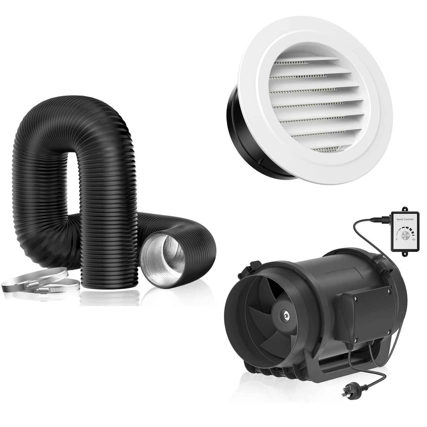 Hon&Guan 6" Insulated Flexible Duct 8FT with 2 Duct Clamps and 6 inch Inline Fan Duct Booster Fan 469CFM and 6'' Soffit Vent.