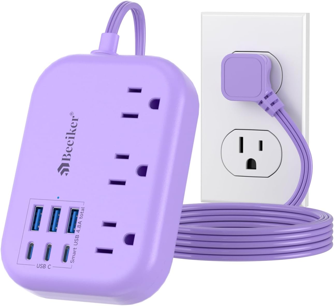 Beeiker 6 USB(3 5Ft 24W 3 USB C) Purple Travel Power Strip- Purple Extension Cord with USB Charging Station