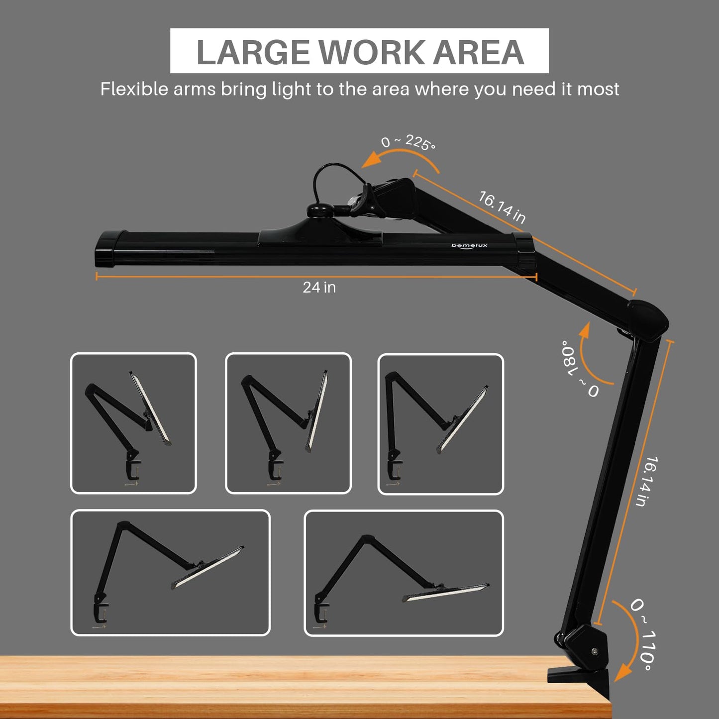 Bemelux LED Architect Desk Lamp, 2300 Lumens, Dimmable, Metal Swing Arm, 5 Color Temperatures, 30W, Ideal for Task Work, Drafting, Reading, Clamp-on Office Table Lamp with 360 Bright LEDs (Black, CCT)