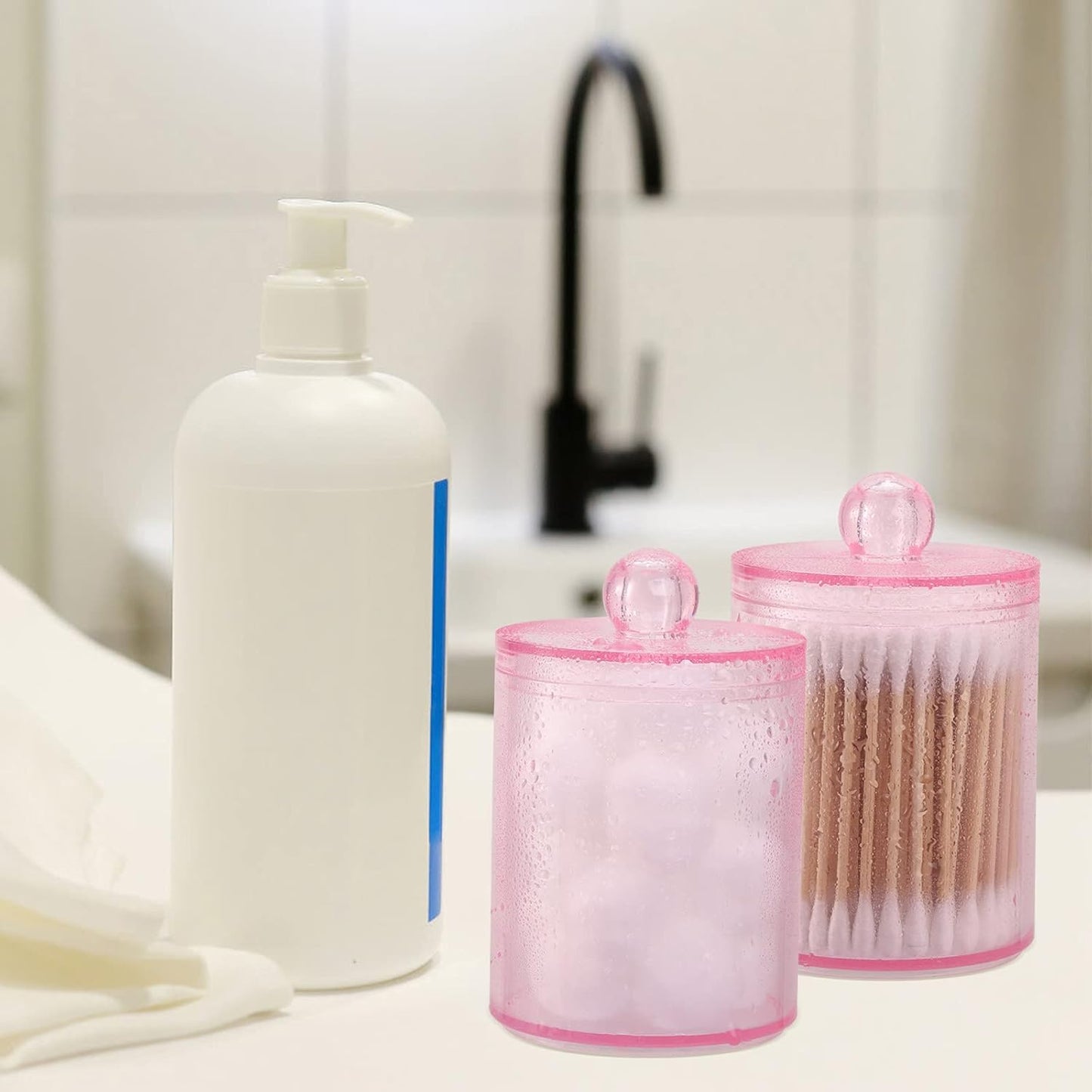 Tbestmax Qtip Holder - 2 Pack Bathroom Canisters for Cotton Ball & Swab Storage | Pink 10-Ounce