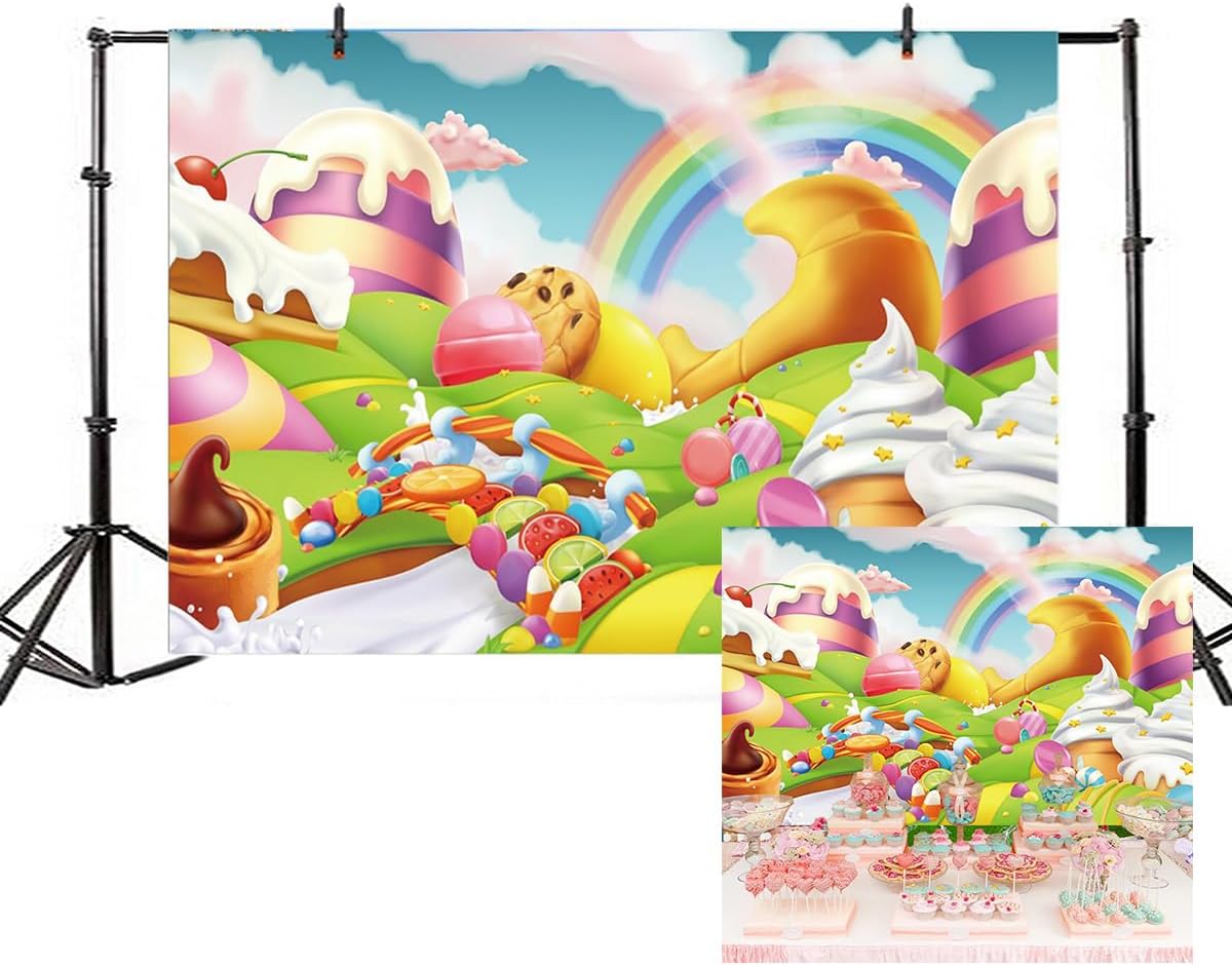 AOFOTO 5x3ft Candyland Backdrop Fantasy Giant Lollipop Candy Land Candy Themed Party Decorations Banner Cartoon Rainbow