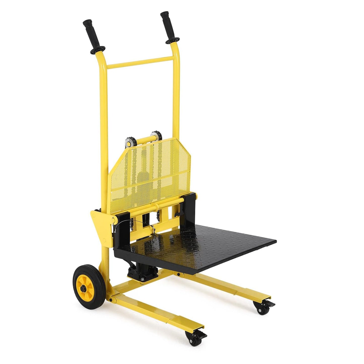 Hydraulic Material Lift and Pallet Stacker - 440 Lbs Capacity Manual Winch Stacker with 36 Inch Max Lift Height - Mobile Forklift Truck Dolly and Pallet Jack with Diamond Plate Steel Platform, Yellow