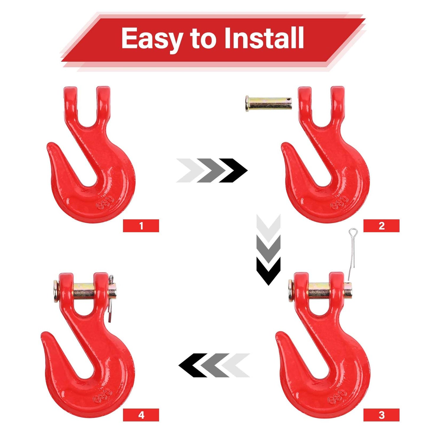 Lechansen 5/16'' G80 Clevis Tow Hook,10 Pack Heavy Duty Grade 80 Transport Chain Hook Tow Hooks for Trailer Truck, 4,900 Lbs Working Load Limit, Grab Hook for G80 Chains and Binders - Red