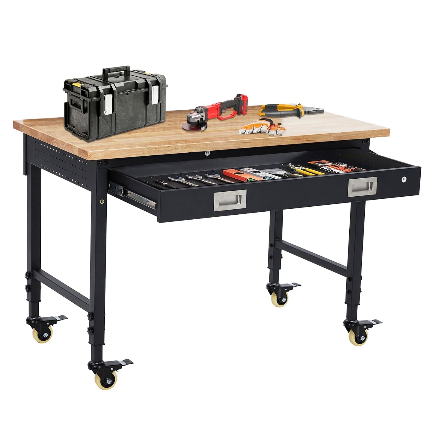 60" Adjustable Garage Workbench with Wheels, 2000LB Capacity, Hardwood Top, Power Outlets, Heavy Duty Work Table for Workshop, Home Office, Tools