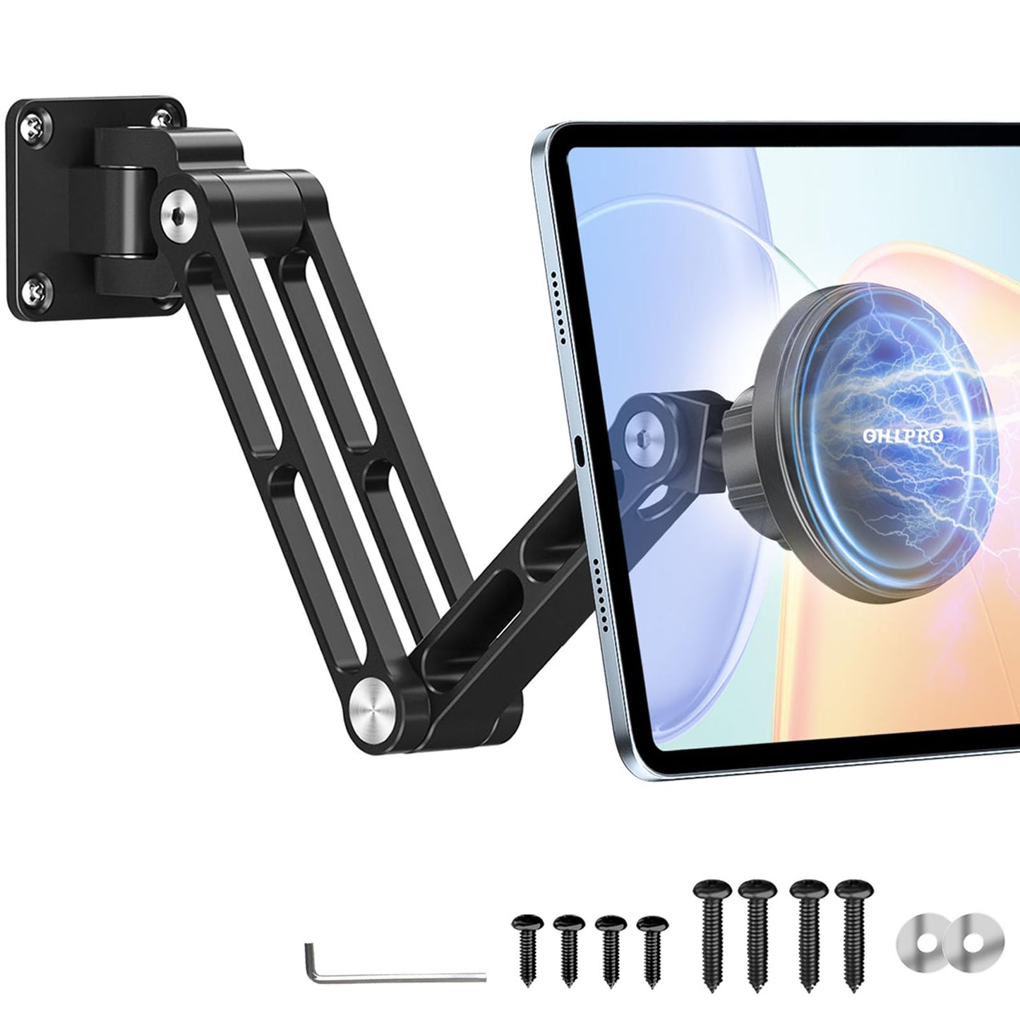 OHLPRO Magnetic Tablet Wall Mount, iPad Wall Mount Holder with 360° Rotating 2-Stage Foldable Aluminum Arm, MagSafe Compatible for Phones and Tablets, for Kitchen, Gym, Office, Home