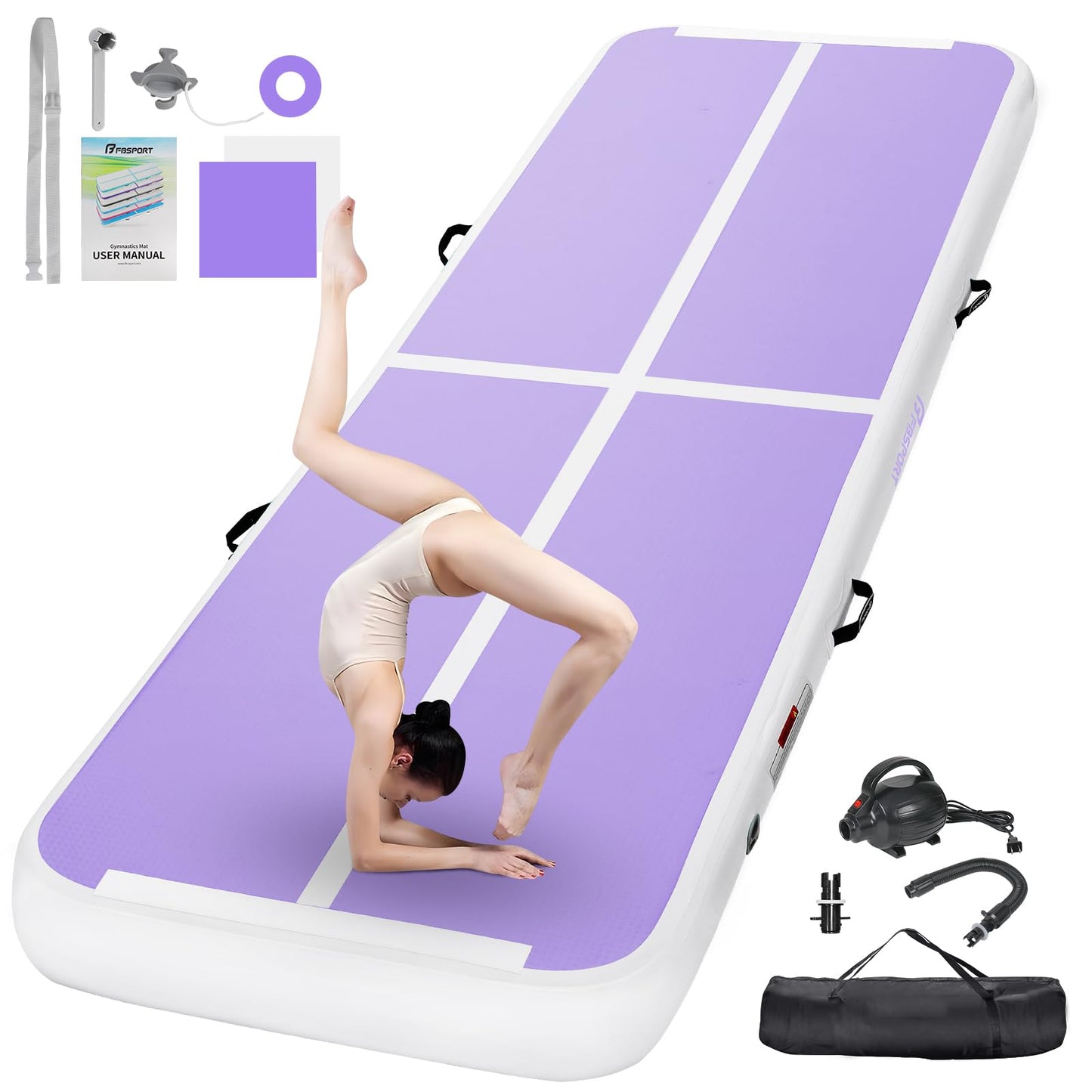 FBSPORT 10ft Inflatable Air Gymnastics Mat Training Mats 4 inches Thickness Gymnastics Tracks for Home Use/Training/Cheerleading/Yoga/Water with Pump