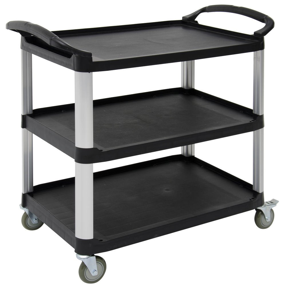 HUBERT Commercial Plastic Utiltiy Cart, 3-Shelf Mobile Bussing and Transport Cart, Knocked Down, 200 lb. Weight Capacity