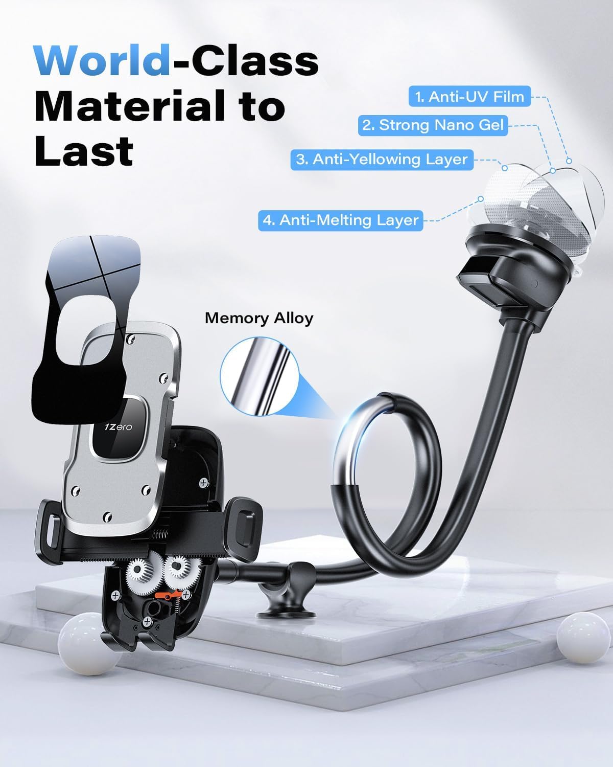 1Zero 14-Inch Solid Car Truck Phone Mount Holder with Gooseneck Long Arm, Windshield Window Mobile Holders