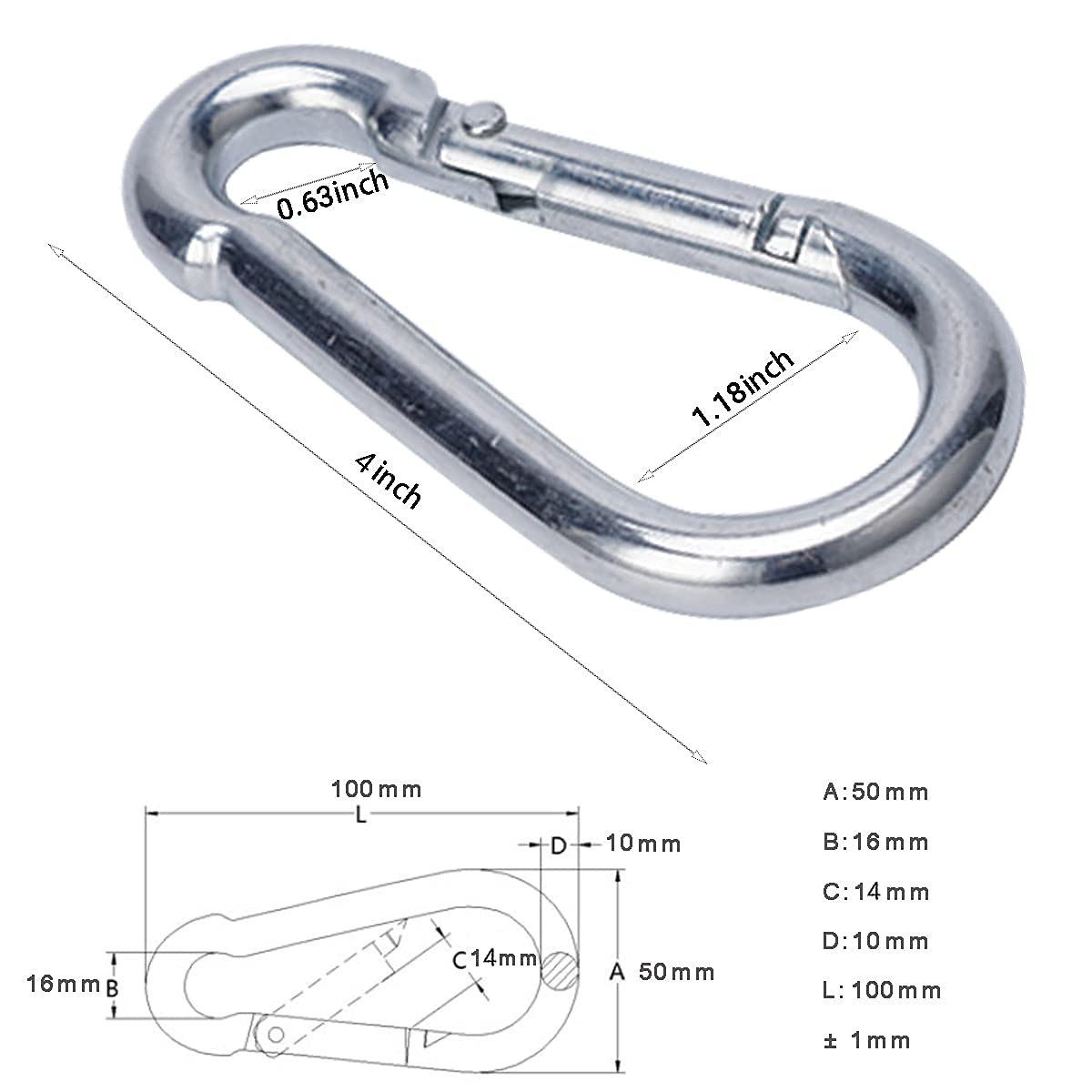 OWAYOTO Carabiner Clip 4 Inch Spring Snap Hook Heavy Duty 2pcs 10x100mm for Hammock Punching Bags Swing Chairs Gym Equipment Camping Hiking