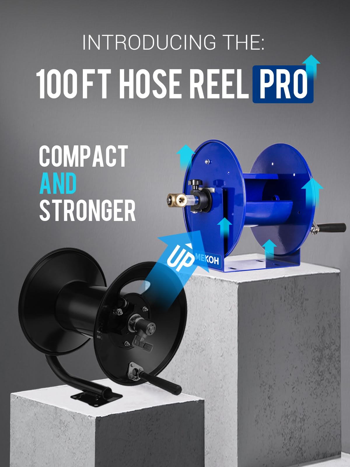 MEKOH Pressure Washer Hose Reel 100FTx3/8”, 200FTx1/4” Manual Power Washer Hose Reel with M22 14mm Fitting,4500PSI Heavy Duty Hose Reel for Water,High Pressure Metal Reel with Wall/Van/Trailer Mount