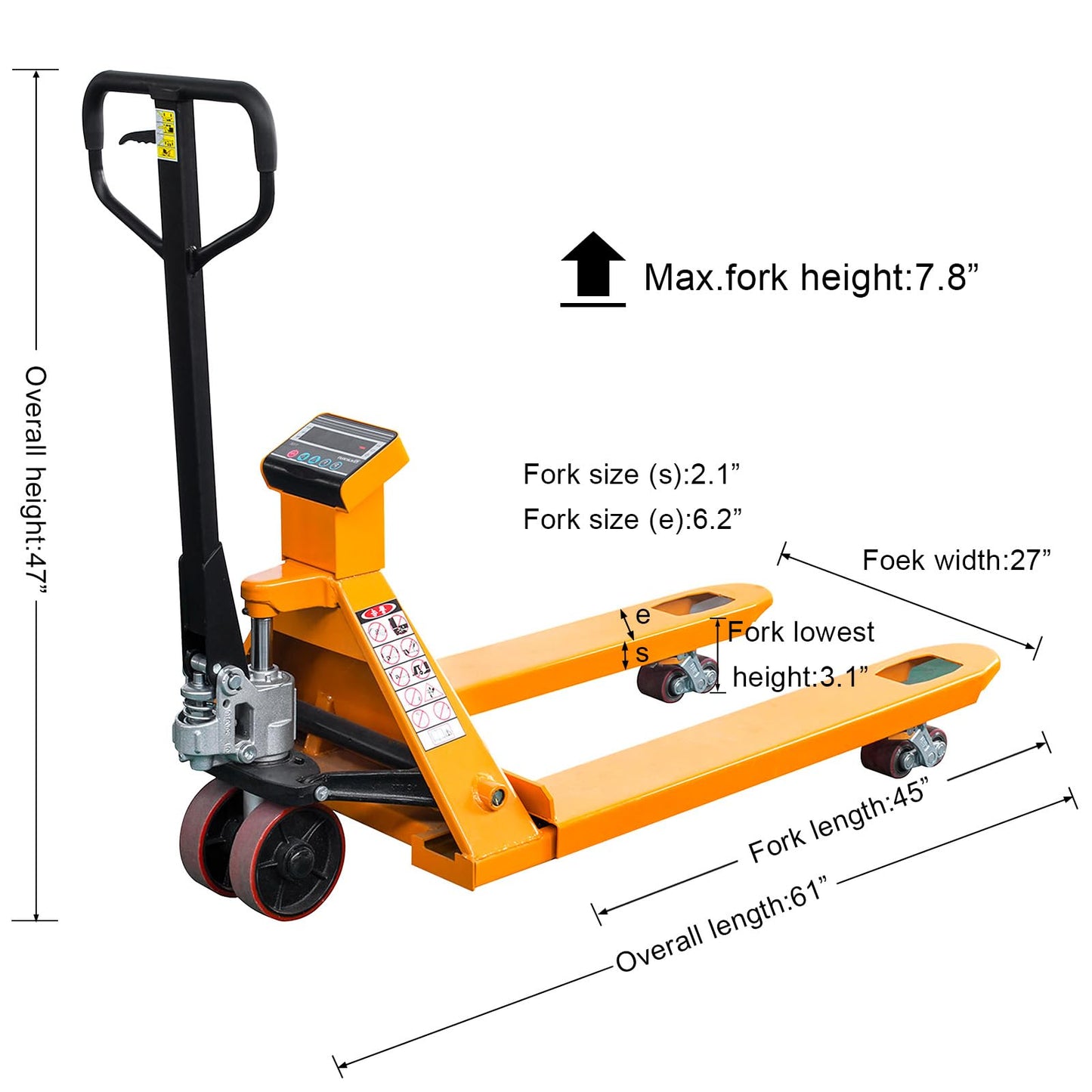 Kaixun Pallet Jack Scale, 4400 lbs Capacity, 27" W x 45" L Forks, LCD Display, Lb/Kg Switchable Manual Hand Control Pallet Truck with Built-in Scale, PU Wheels