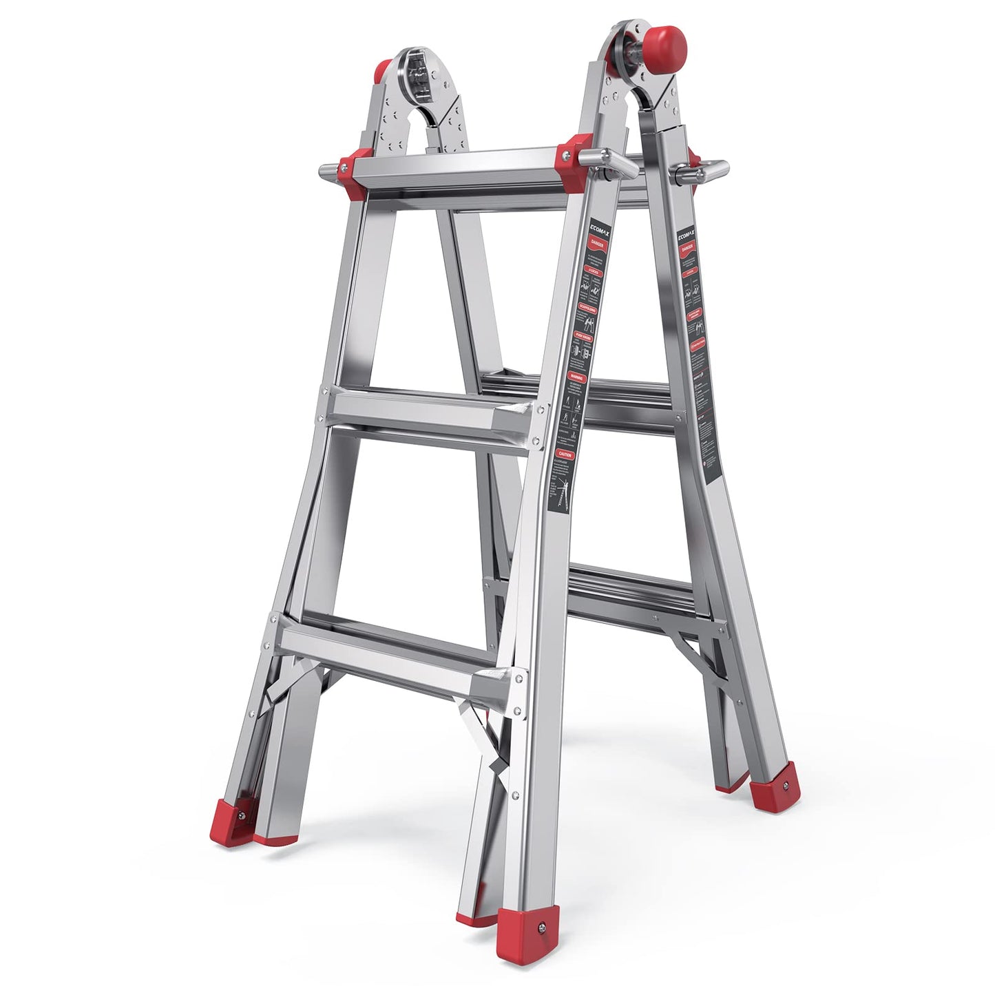 ECOMAX Folding Ladder, 13 ft Aluminum Extension Ladder, 300 lbs Load Capacity, Portable Telescoping Ladder with Non-Slip Rubber, Multi-Position Step Ladders, for Working Indoor/Outdoor EM4X3L2
