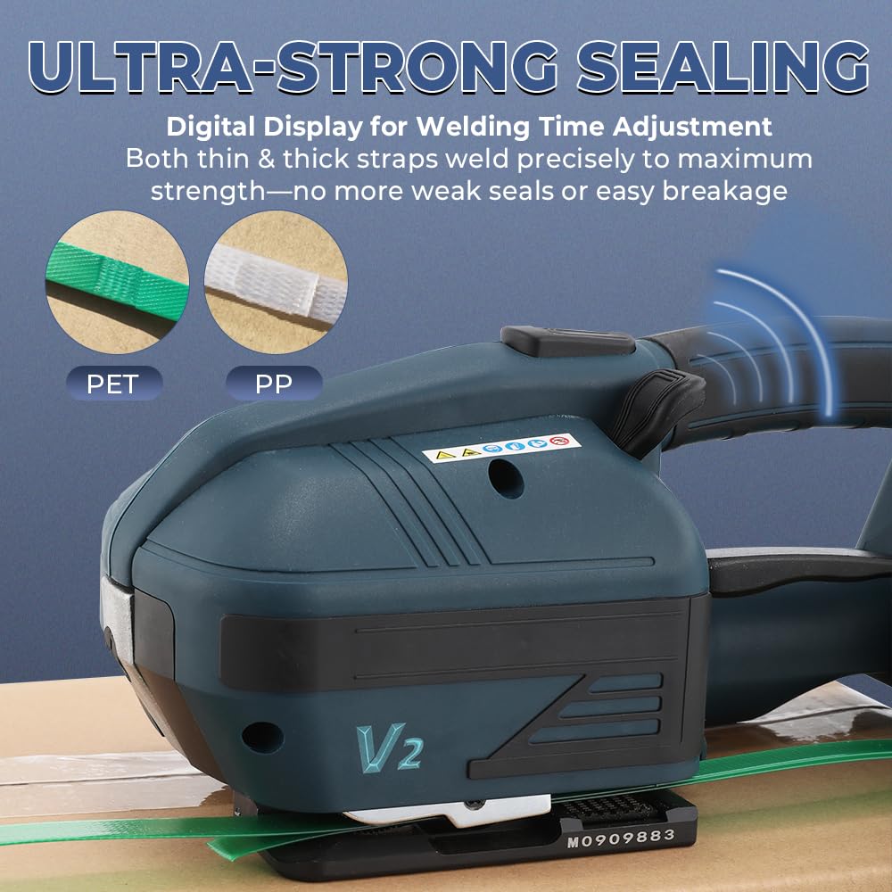 Flyrivergo Electric Strapping Machine 2 x 4000mAh Battery, Automatic Strapping Tool Banding Machine for 1/2-5/8in PP PET Straps Digital Display Tensioner Kit for Warehouse Pallet & Box Packaging