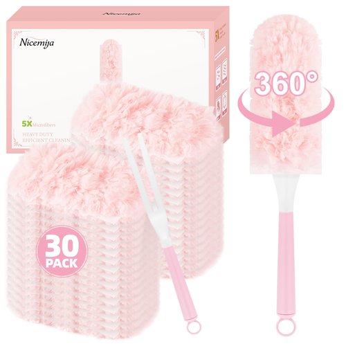 Nicemiya 30 Count Pink Duster Refills Compatible with Swiffer Handle, 360° Multi-Surface Duster Refills with 1 Handle, 5X Microfibers Disposable Dusters for Home, Office Cleaning