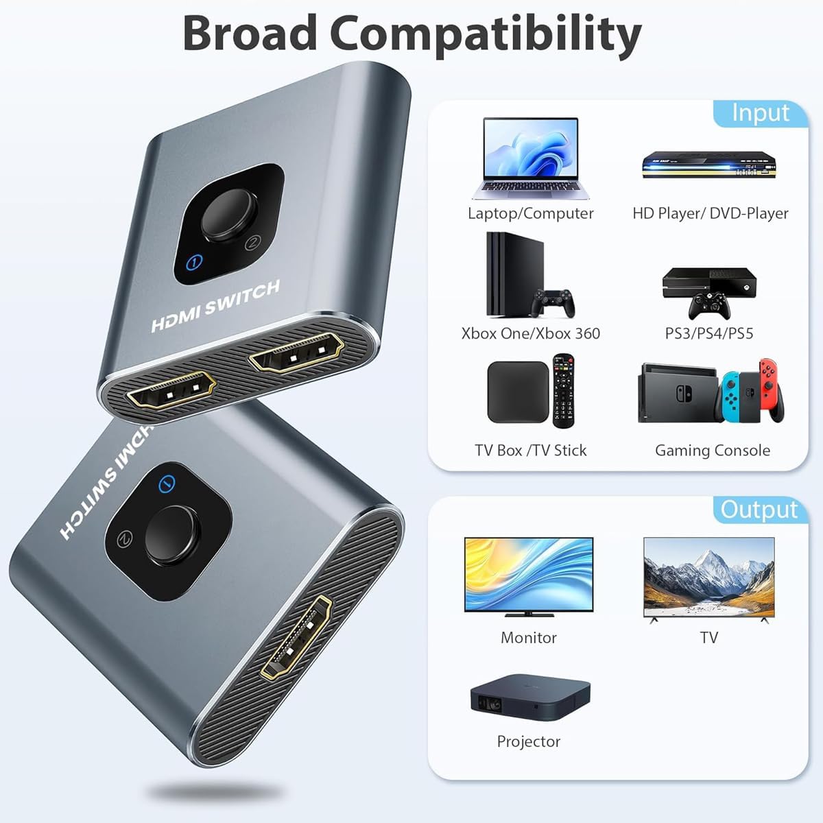 SCSXGO 4k@60hz 2 1 PS5/4/3 HDMI Switch Splitter, Aluminum Bidirectional HDMI Switcher in Out, Manual HDMI Hub Supports
