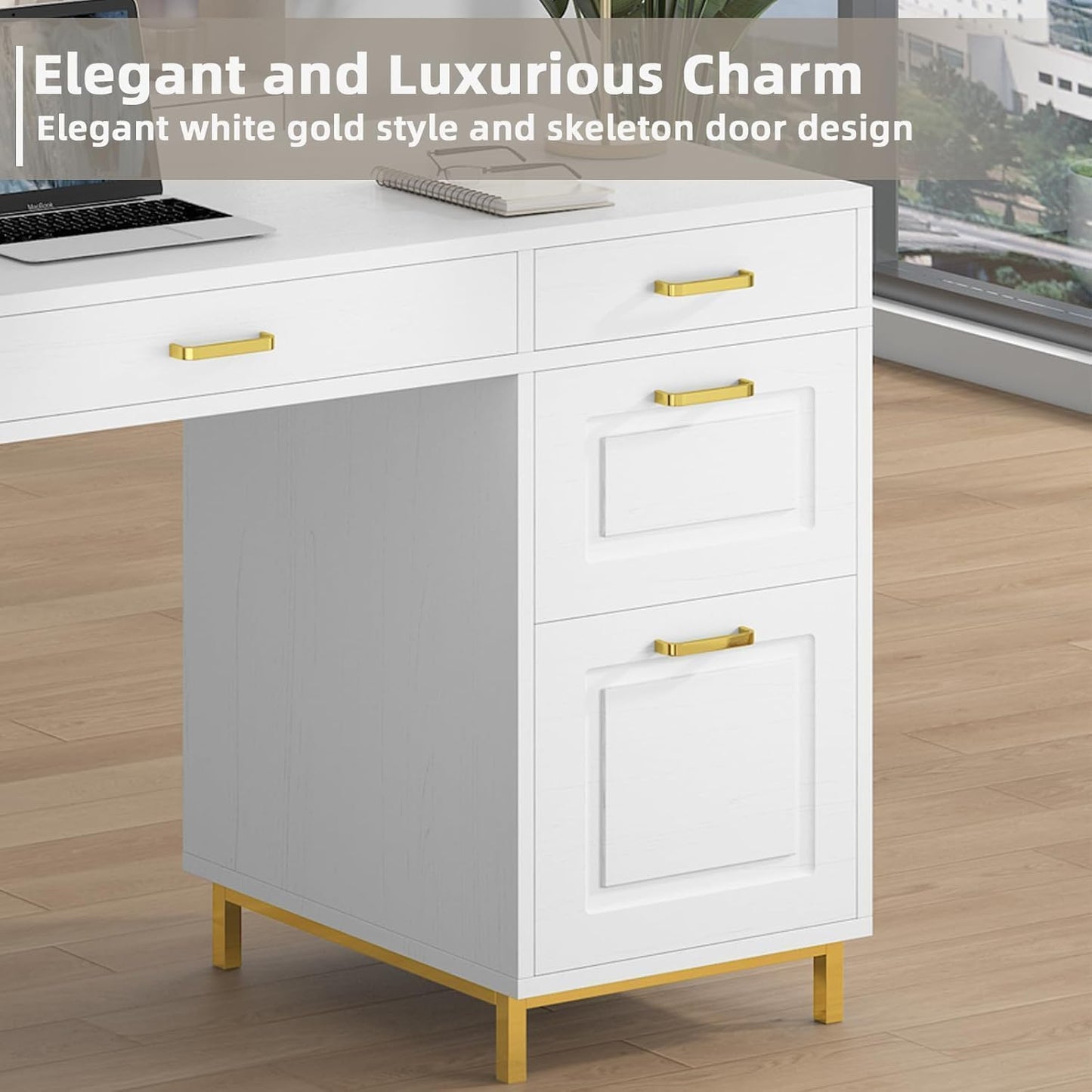 MaverickFurni White and Gold Desk with 2 File Drawers, 57 Inch Office Computer Desk with 7 Drawers, White Desk with Storage, Wooden Executive Desk for Office, Workspace for Work Study Writing