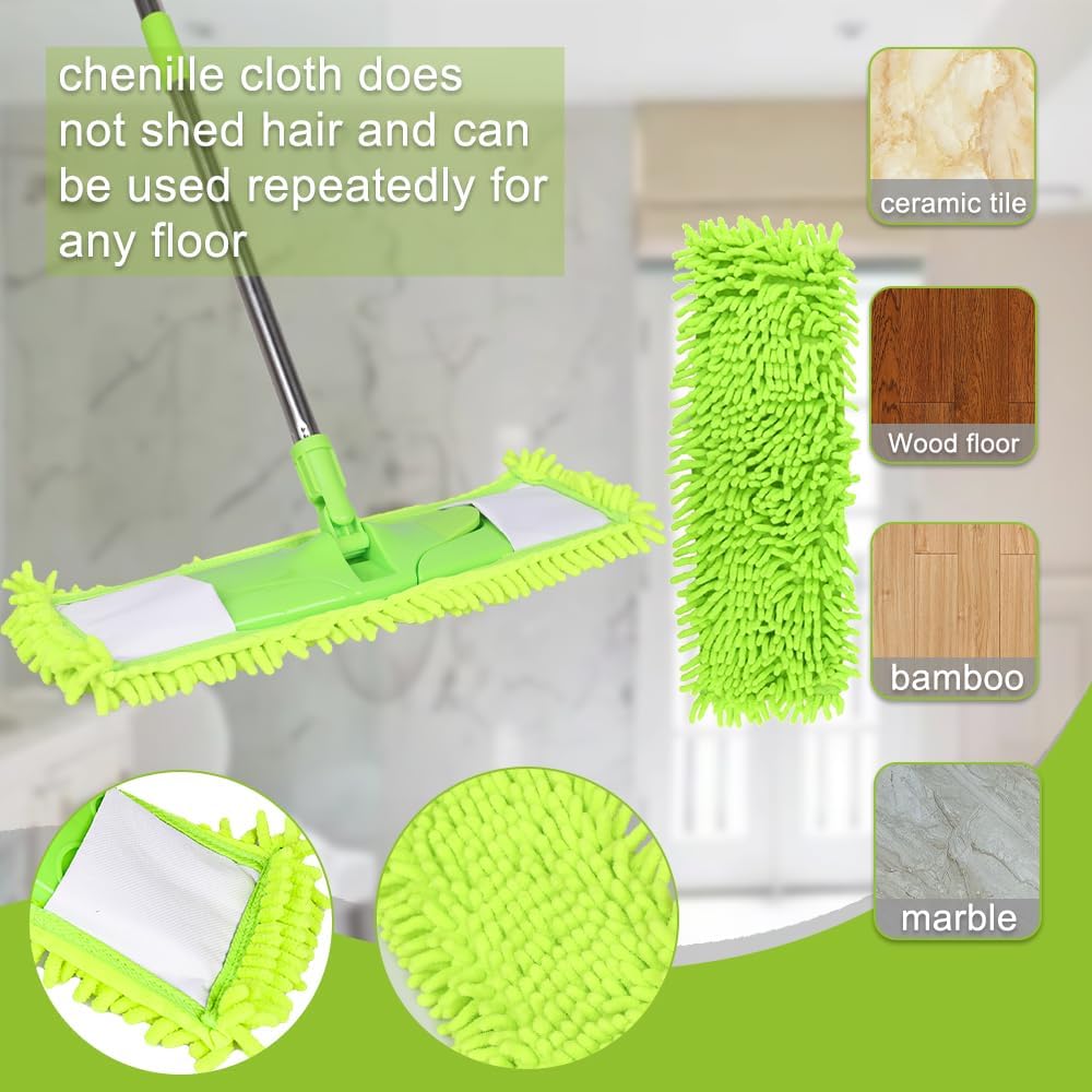 Dust Mop for Floor Cleaning with 2 Washable Chenille Pads and Extendable 58” Long Handle, Dry Wet Flat Mop with Scouring Pad for Hardwood, Laminate, Tile, Marble (Green)