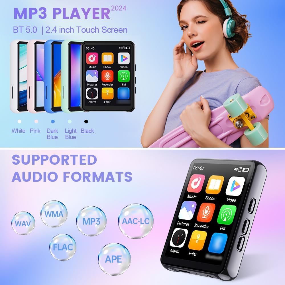 Dpofirs MP3 2.4" 8GB 128GB 5.0, MP3 (16GB) Bluetooth Player with Touchscreen | HD Display, to Storage, BT Supports FLAC