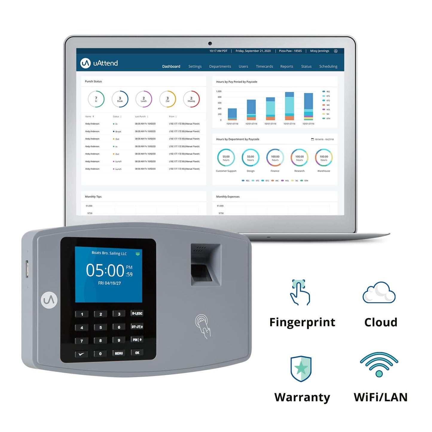 uAttend BN6500 Biometric Fingerprint Time Clock System for Small Business with WiFi and Cloud-Based Employee Timecards