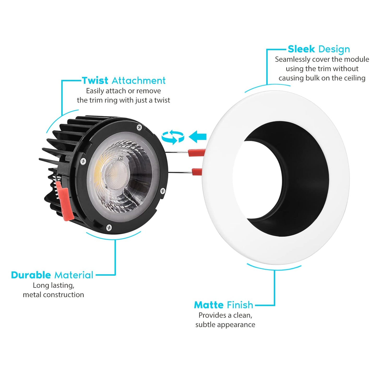 LUXRITE 4 Inch LED Recessed Lighting with Junction Box, 15W, 5 Color Selectable 2700K-5000K, 1100 Lumens, 40° Spotlight, Dimmable Downlight, Wet Rated, IC Rated - White and Black Trim (4 Pack)