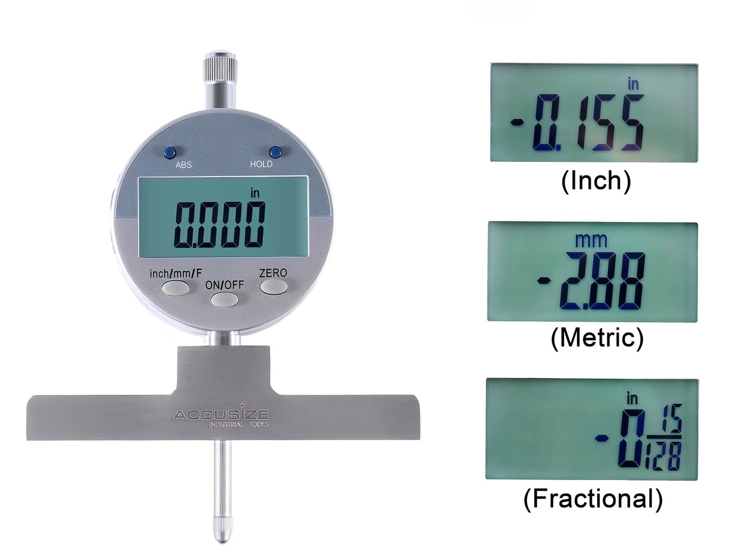 Accusize Industrial Tools - 0-22 inch Electronic Digital Depth Gauge, Inch/Metric/Fractional, 2 Extra Points for Small Hole Applications, P103-0188