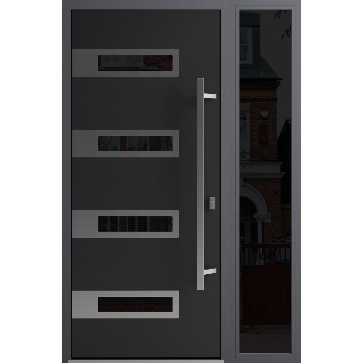 Front Exterior Prehung Steel Door/Ronex 0131 Black Enamel/Side Exterior Window Sidelite/Stainless Inserts Entry Metal Modern Painted W36+12" x H80 Left Hand Inswing