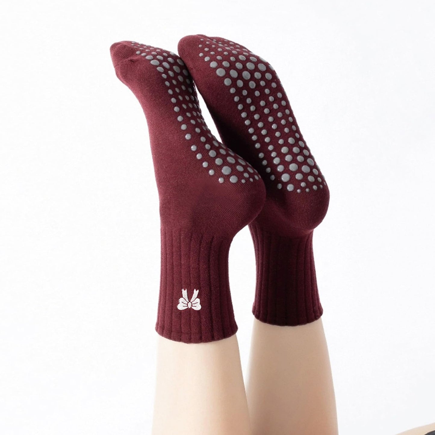 FIYIGO Cute Pilates with Grips Socks for Women Yoga Non Slip Embroidery Bow Socks for Fitness, Ballet,Dance Workout -（White + Red）