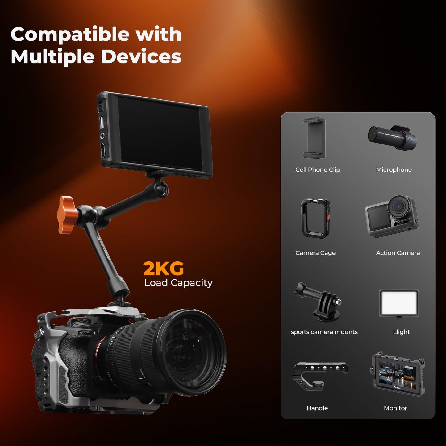K&F CONCEPT 9.8" Magic Arm Clamp Kit with 1/4" & 3/8" Thread Screw 360° Ball Heads Articulating Magic Arm Camera Mount for Monitor, Flash, LED Light, Microphone, Camera Cage, Action Camera