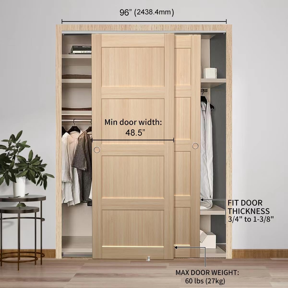 Bypass Sliding Door Hardware 96", Bypass Wardrobe Closet Door Track Set, Smoothly and Quietly, for 2 Door System